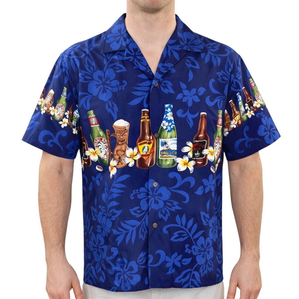 Winnie Fashion Hawaiian Aloha Shirt Large Beer Bottles Tiki‎ Flowers Blue